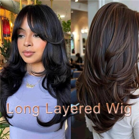 Highlight Ombre Brown Layered Wavy Wig With Curtain Bangs - Picture 2 of 6